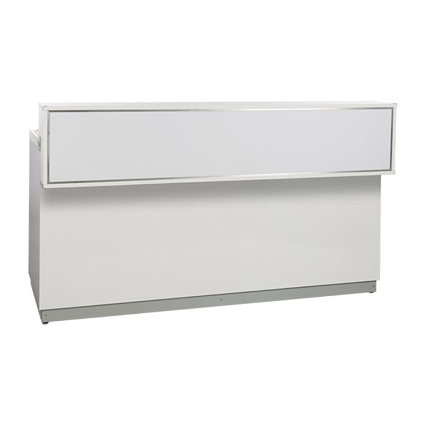 Sekttheke weiß L200*T83*H115 cm mit CNS Deckblatt mieten
