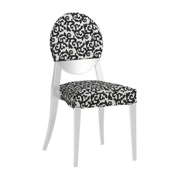 Stuhl Berlin weiß mit creme-schwarzem Stoff-Sitzbezug mieten