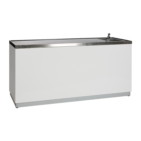 Sekttheke weiß B200*T70*H95 cm mit CNS Deckblatt mieten