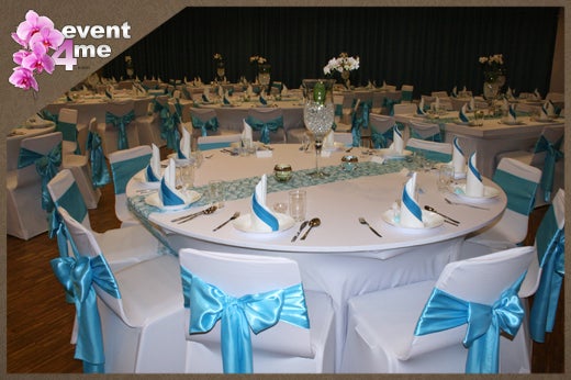 Event Paket für Ihren Abiball / Abifeier á 10 Personen: Tisch Ø 180 cm inkl. Bankett-Stühle mit Hussen und Tischdecke – 2