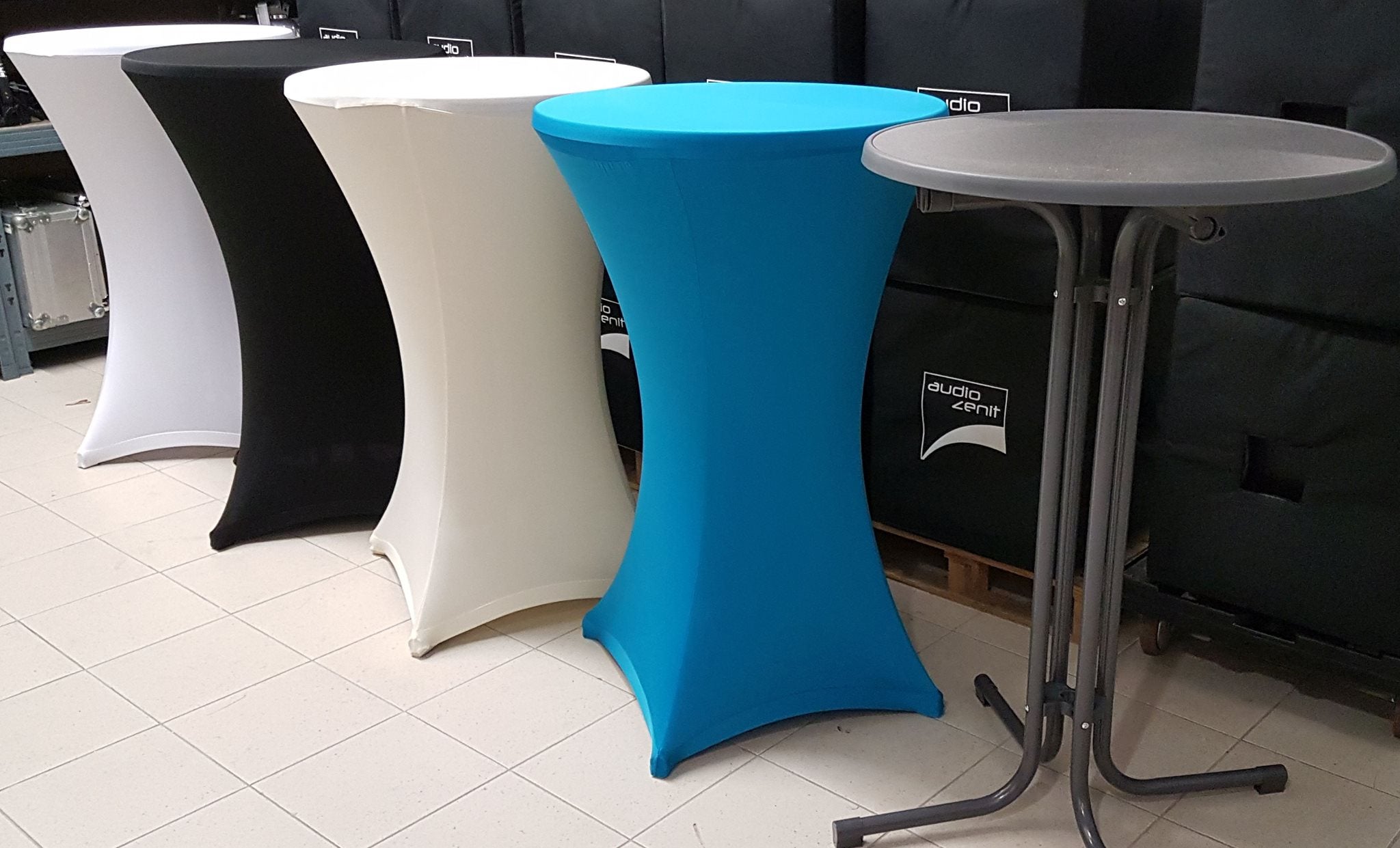 Stehtisch Ø70cm, optional mit Husse in weiß, creme, schwarz oder türkis – 2