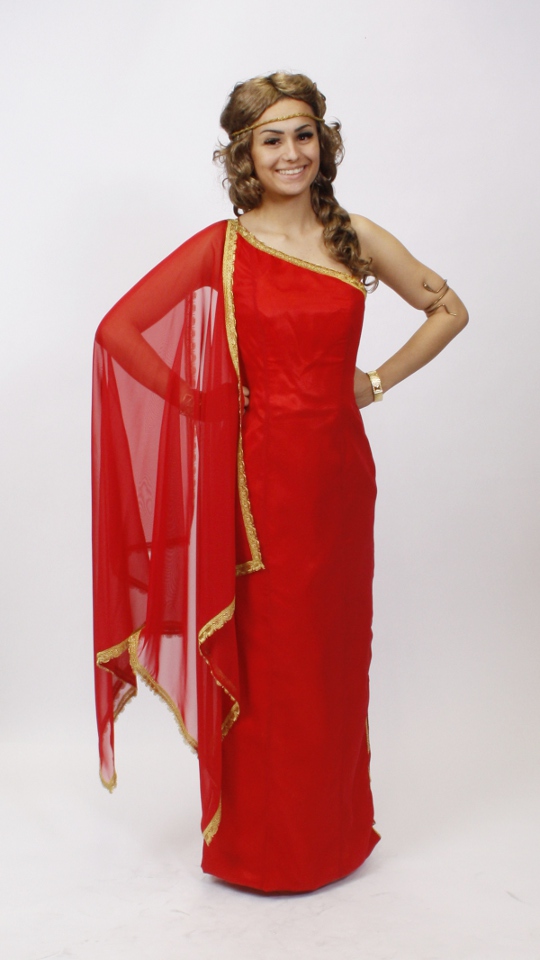Griechin Outfit – Rot-Gold (Kleid, Armband und Stirnband) mieten