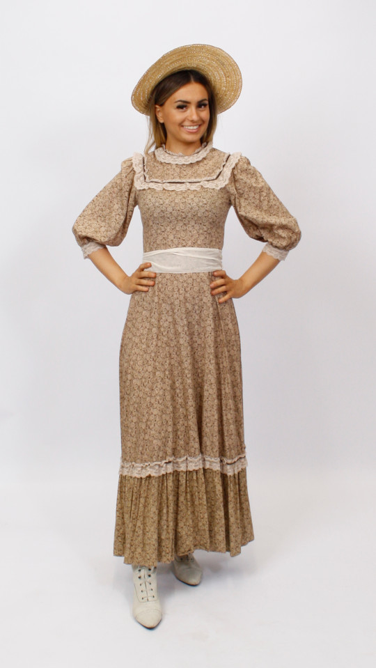 Jahrhundertwende – Biedermeier Outfit – Beige (Kleid, Hut und Gürtel) mieten