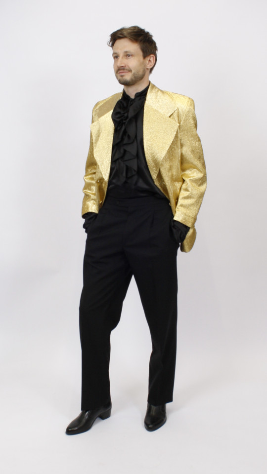 70er Jahre – Silvester Outfit – Herren – Gold-Brokat (Jacke, Rüschenhemd und Hose) mieten