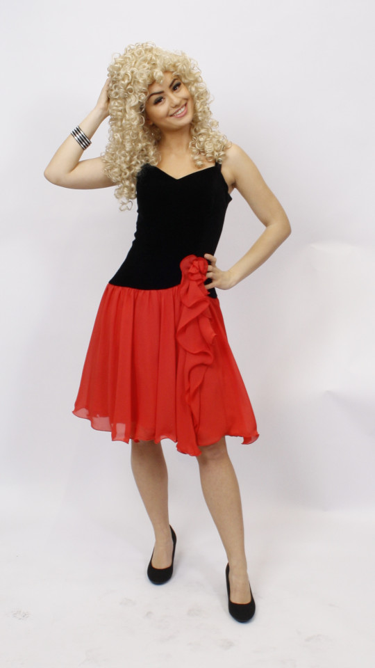 80er Jahre Outfit – Damen – Rot-Schwarz (Kleid und Ohrringe) mieten