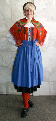 Schwedische Tracht – Damen (Mieder, Rock, Bluse, Schürze, Schultertuch, Haube und Kniestrü