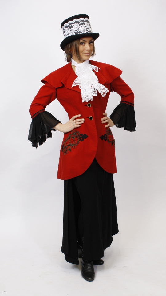 Reiterin – Antik – Rot-Schwarz (Jacke, Rock und Jabot) mieten