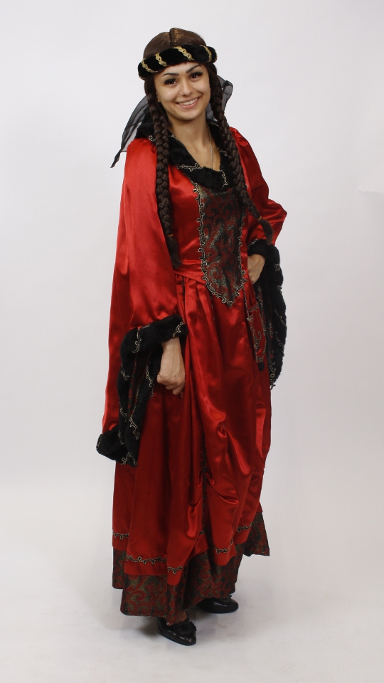 Mittelalter – Ratsherrenball Outfit – Damen – Rot-Schwarz (Samtkleid, Stirnband, Beutel, K