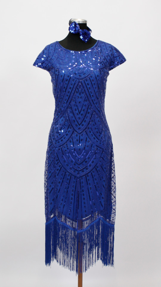 20er Jahre – Charleston Outfit – Damen – Blau (Kleid, Stirnband, Kette und Handschuhe) mie