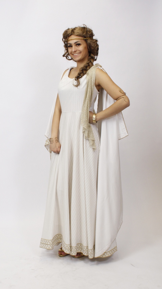 Griechin Outfit – Creme-Gold-Gestreift (Kleid, Kette und Armband) mieten