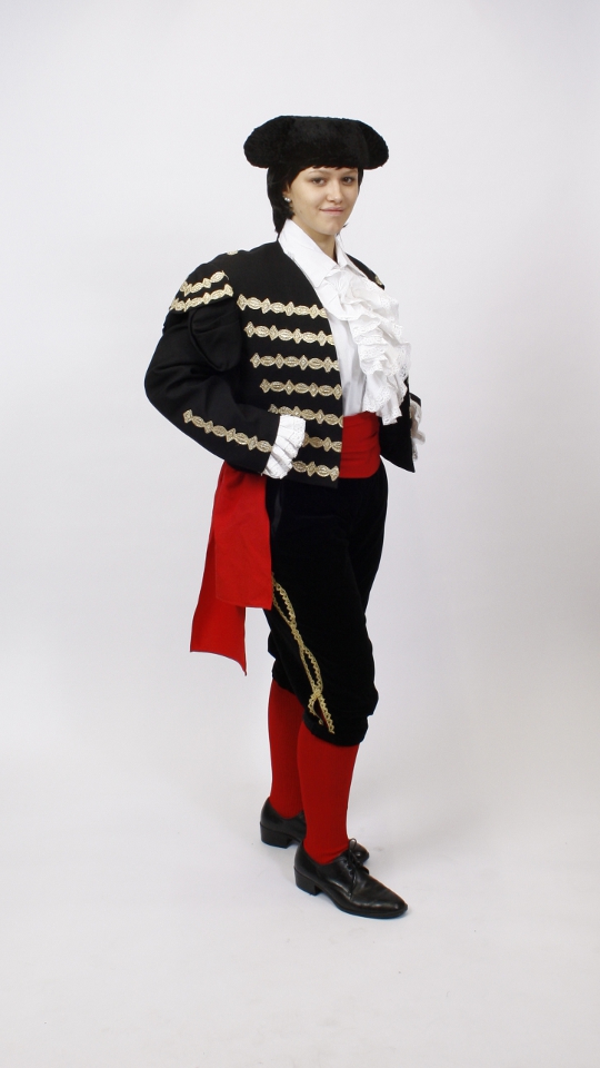 Torero – Spanier Outfit – Schwarz-Gold (Rüschenhemd und Hut) mieten