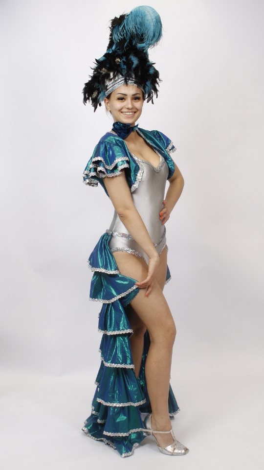 Rio Karneval – Samba – Türkis-Silber (Body, Bolero, Rüschenanhang und Kopfbedeckung) miete