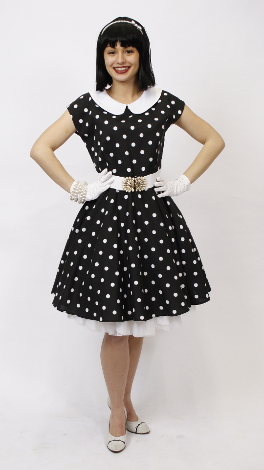50er Jahre Outfit – Damen – Schwarz-Weiß (Kleid, Petticoat, Haarband, Gürtel und Handschuh