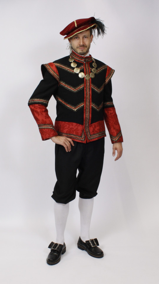 Mittelalter – Ratsherrenball Outfit – Herren – Schwarz-Rot (Jacke und Barett) mieten