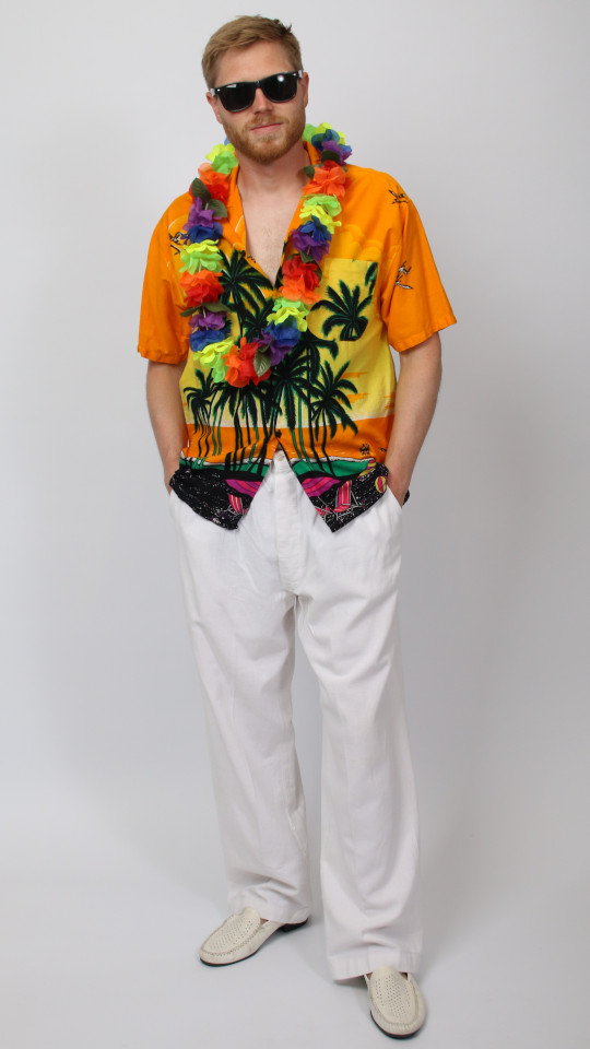 Hawaii – 80er Outfit- Orange (Hemd und Blumenkette) mieten