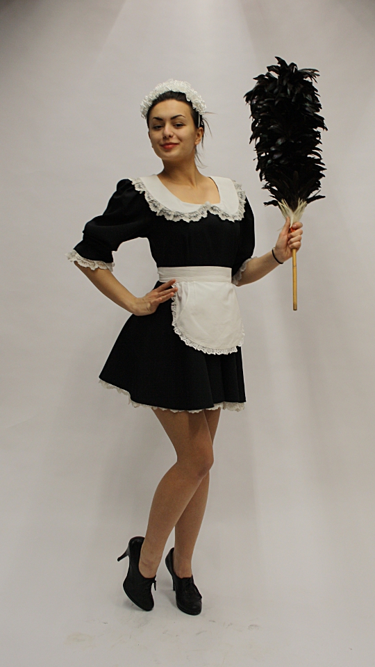 Dienstmädchen Outfit (Kleid, Schürze, Haarrüsche und Staubwedel) mieten