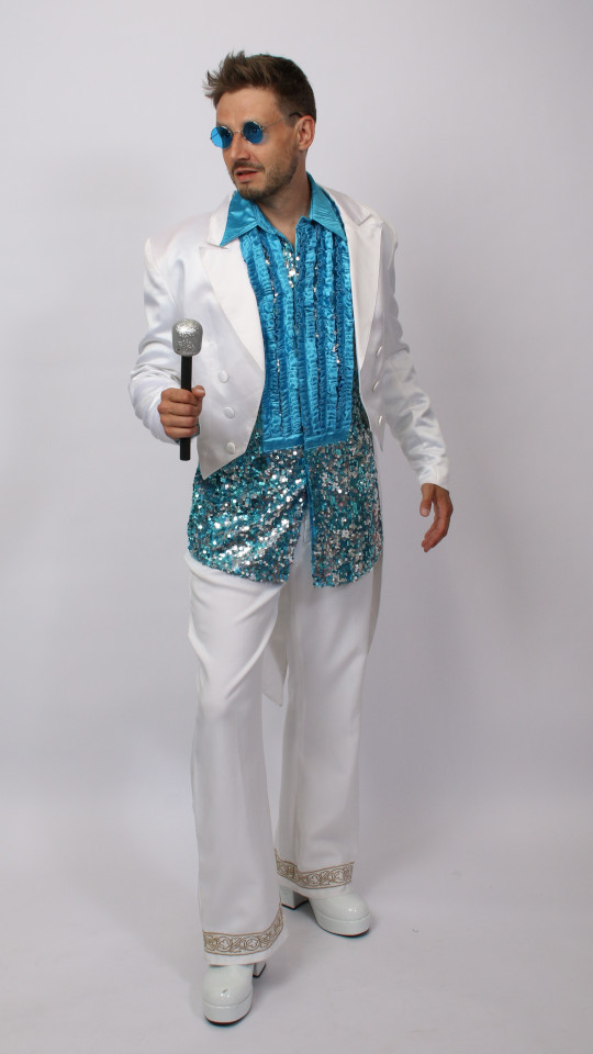 70er Jahre – ABBA Outfit – Herren – Weiß-Türkis (Jacke, Hose und Hemd) mieten