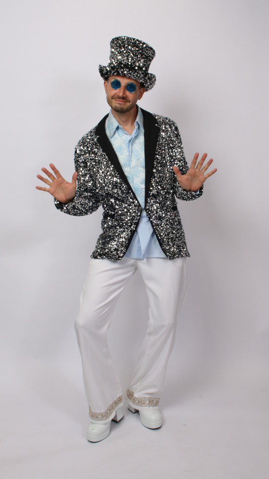 70er Jahre – ABBA Outfit – Herren – Silber (Paillettensakko und Hemd) mieten