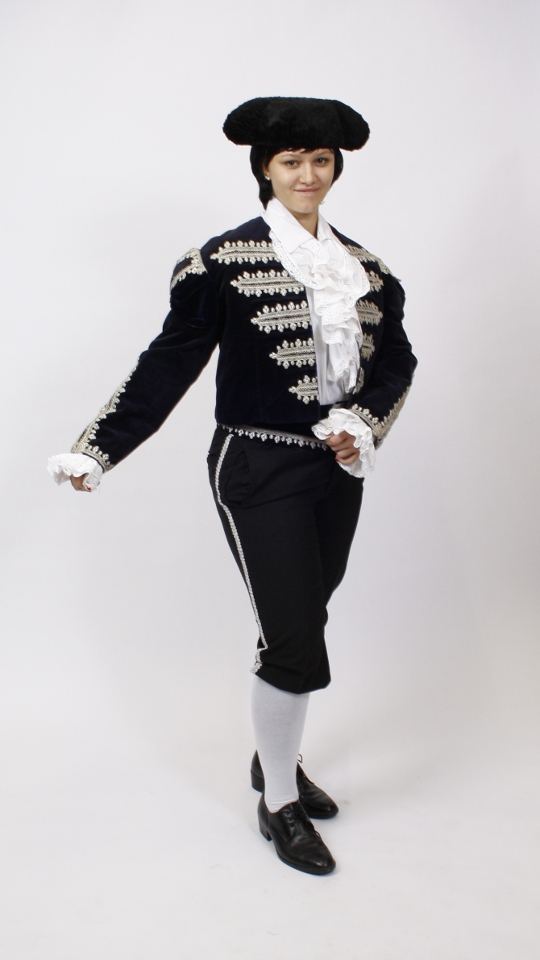 Torero – Spanier Outfit – Dunkelblau (Rüschenhemd und Hut) mieten