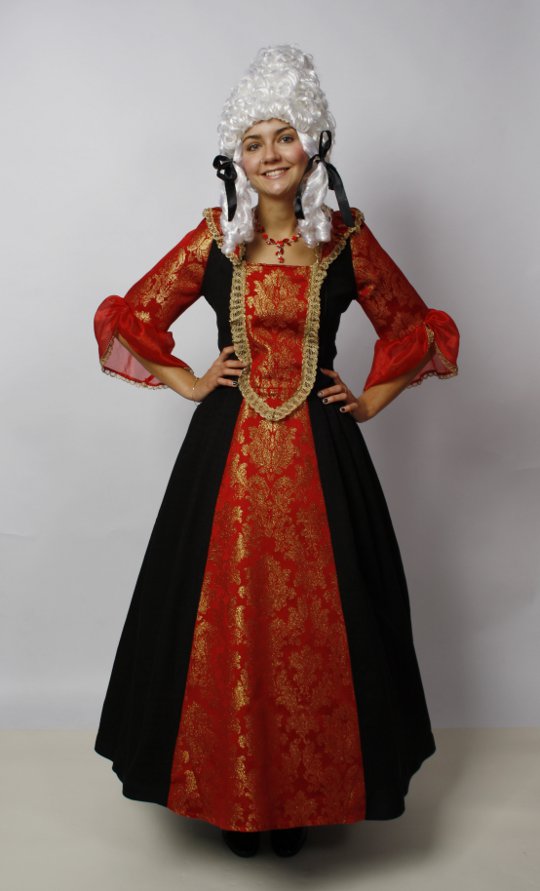 Rokokokleid – Hofdame Outfit – Schwarz-Rot (Kleid und Reifrock) mieten