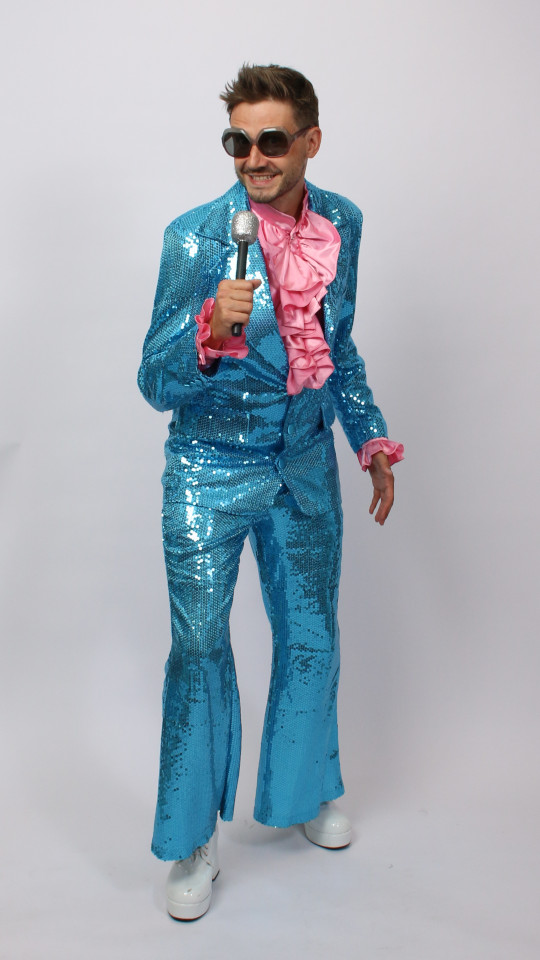 70er Jahre – ABBA Outfit – Herren – Türkis (Jacke und Rüschenhemd) mieten