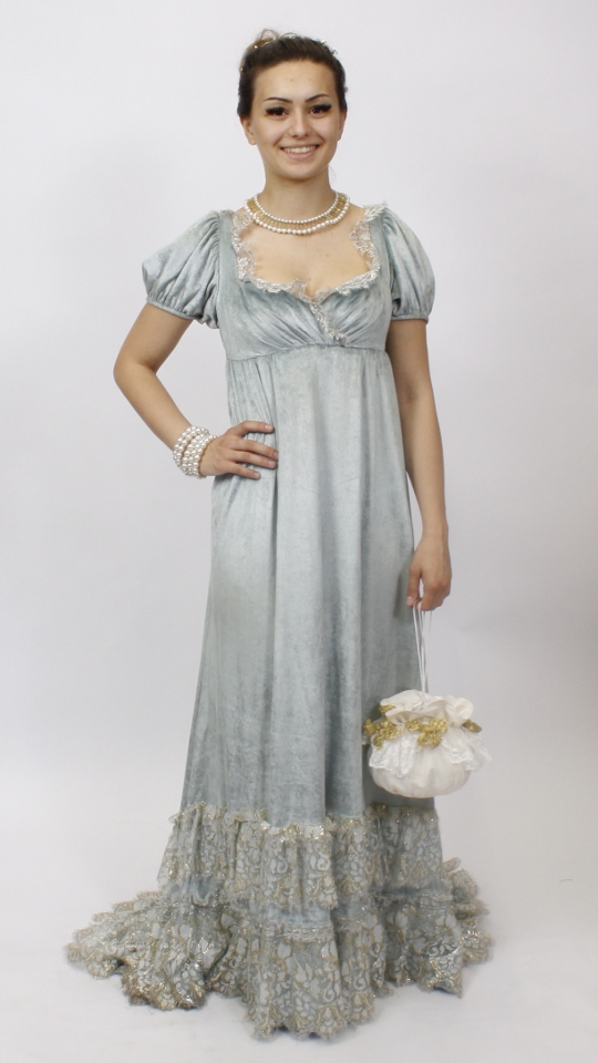 Empire – Historisches Outfit – Damen – Hellblau (Kleid, Pompadure, Kette und Armband) miet