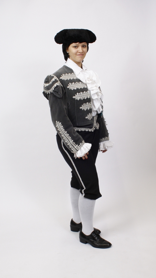 Torero – Spanier Outfit – Grau (Rüschenhemd und Hut) mieten