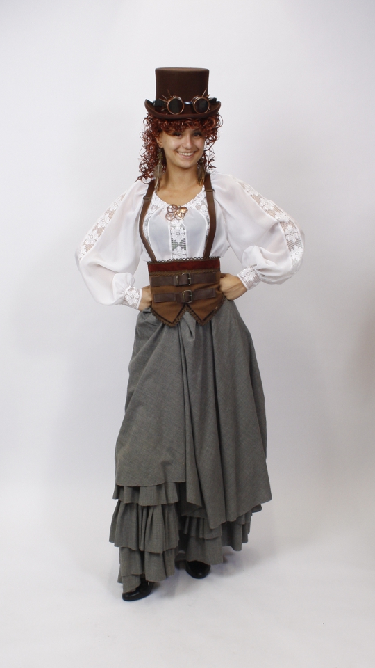 Steampunk – Cyberpunk Outfit (Rock, Miedergürtel, Bluse, Hosenträger, Zylinder und Brille)