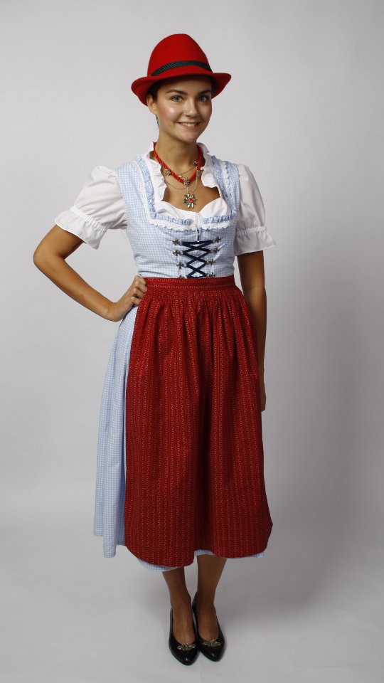 Dirndl – Hellblau-Rot – Damen (Dirndl, Schürze und Bluse) mieten