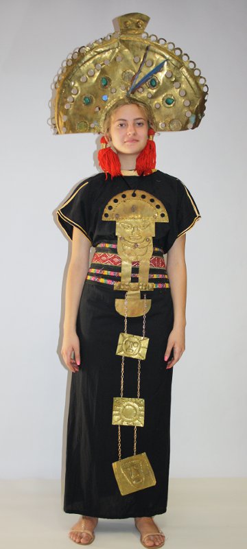 Inka Outfit – Schwarz-Gold (Kutte, Gürtel, Kopfbedeckung und Kette) mieten