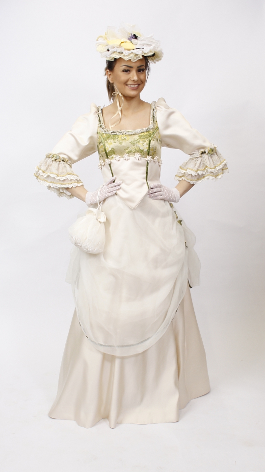 Jahrhundertwende Outfit – Grün-Creme (Kleid, Reifrock, Hütchen, Handschuhe, Pompadure und