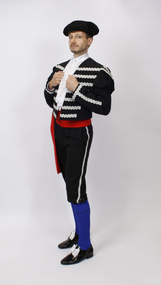 Torero – Spanier Outfit – Schwarz-Silber (Rüschenhemd und Hut) mieten