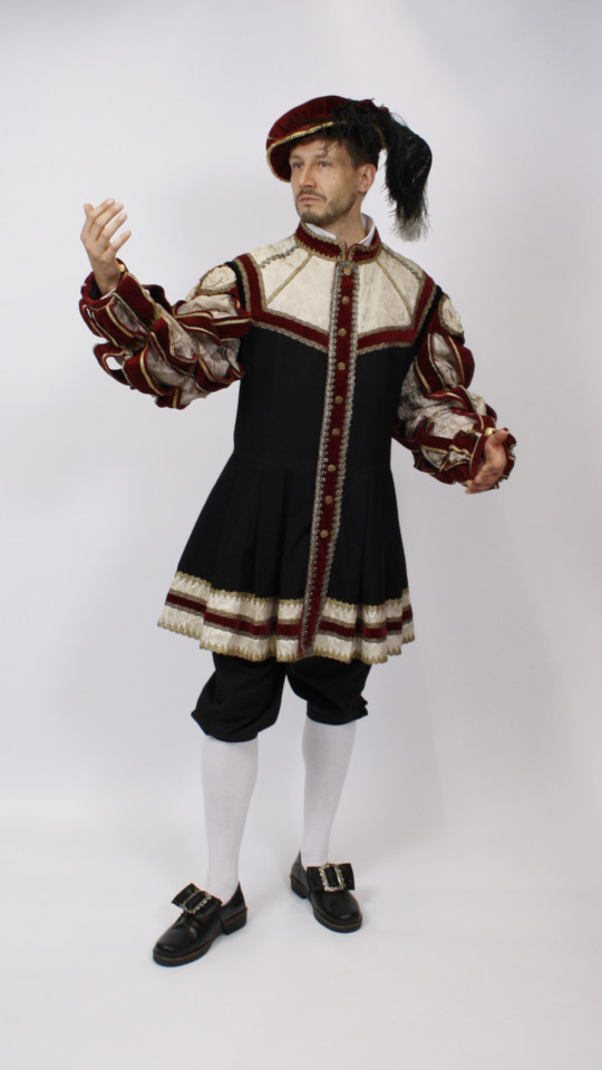 Mittelalter – Ratsherrenball Outfit – Herren – Schwarz-Beige (Jacke und Barett) mieten