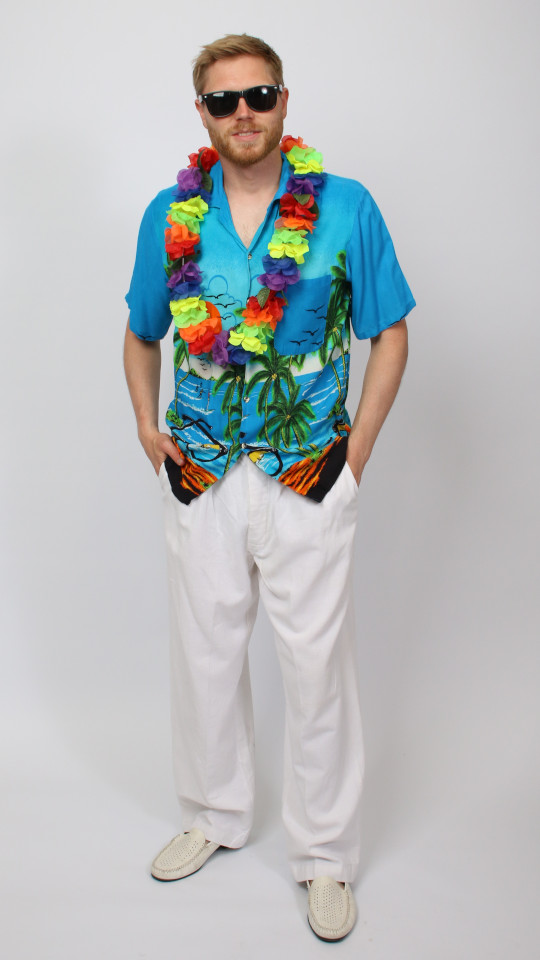 Hawaii – 80er Outfit – Türkis (Hemd und Blumenkette) mieten