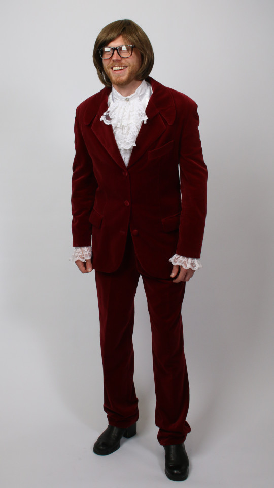 70er Jahre – Austin Power Outfit – Bordeaux (Sakko, Hose, Hemd und Jabot) mieten