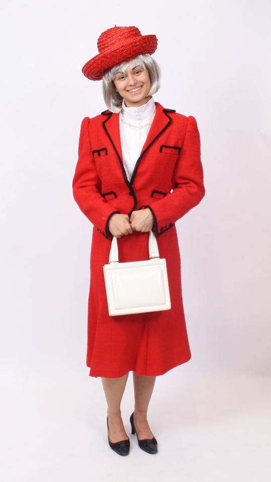 Queen Kostüm rot-schwarz (Rock, Jacke, Hut und Tasche) mieten