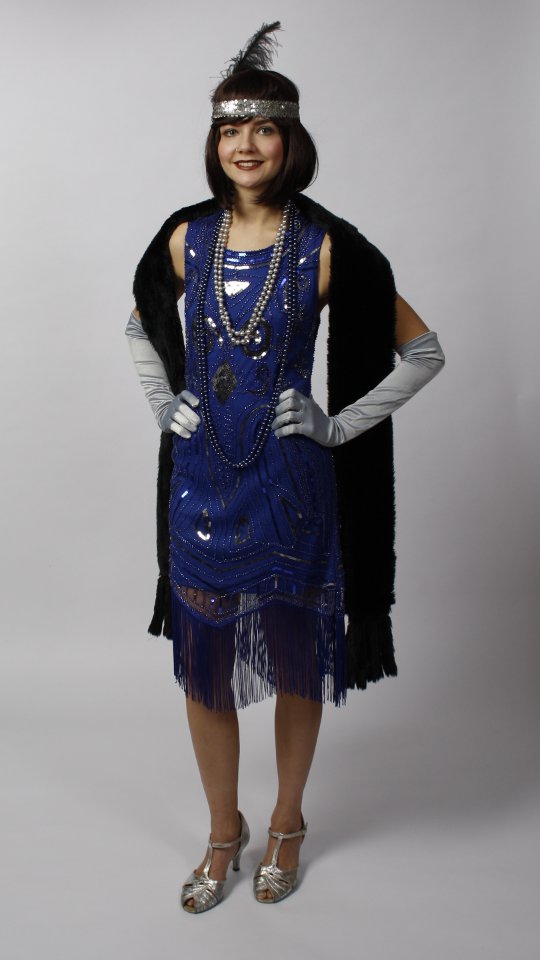 20er Jahre – Charleston Outfit – Damen – Blau (Kleid, Stirnband, Kette und Handschuhe) mie
