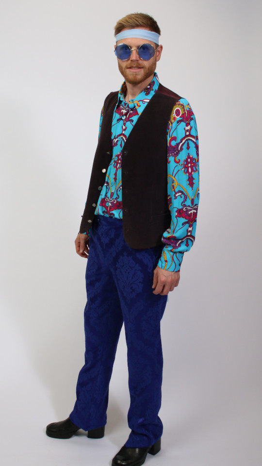 70er Jahre – Hippie Outfit – Herren – Blau (Hemd, Weste und Stirnband) mieten