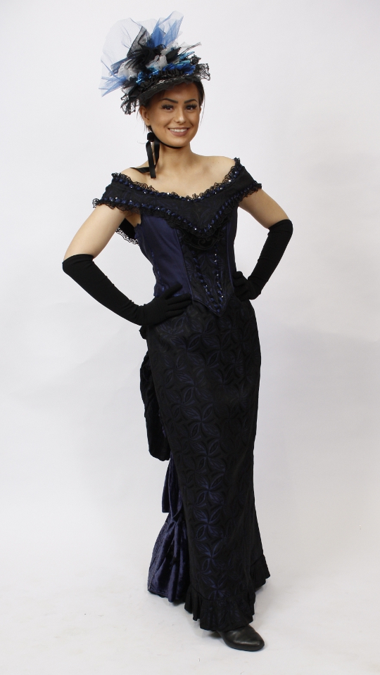 Jahrhundertwende – Cul de Paris Outfit – Dunkelblau (Kleid, Hütchen, Handschuhe,Pompadure,