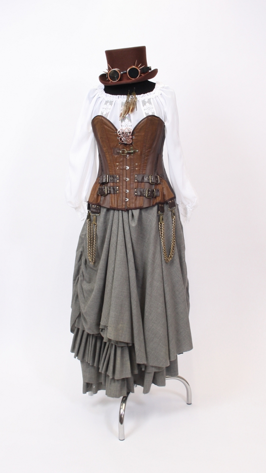Steampunk – Cyberpunk Outfit (Corsage, Rock, Zylinder und Brille) mieten
