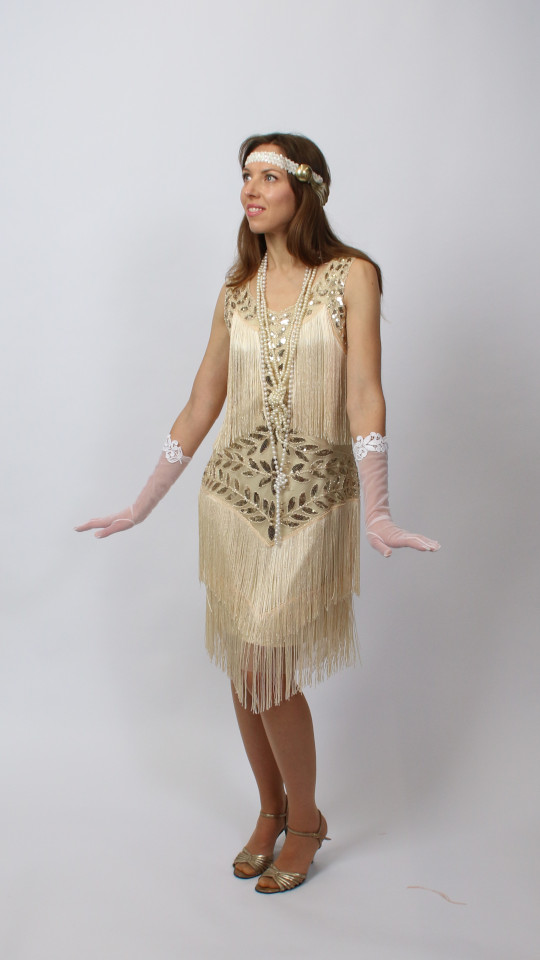 20er Jahre – Charleston Outfit – Damen – Creme-Gold (Kleid, Stirnband, Kette und Handschuh