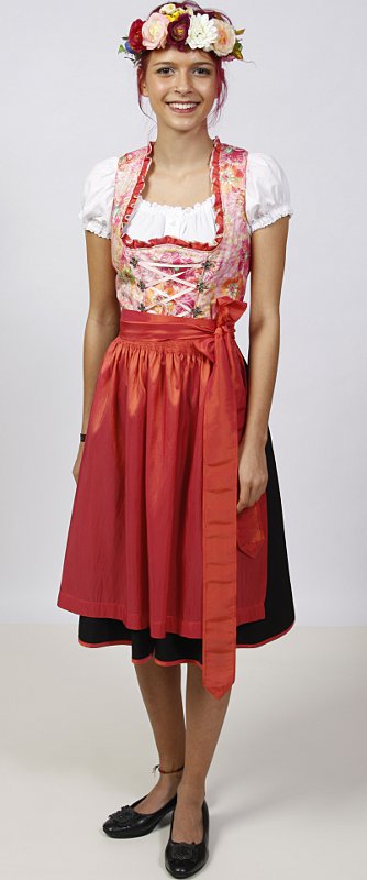 Dirndl – Blumig-Orange – Damen (Dirndl, Schürze und Bluse) mieten