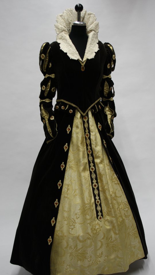 Renaissance Outfit – Damen – Grün-Gold (Kleid, Reifrock und Kette) mieten