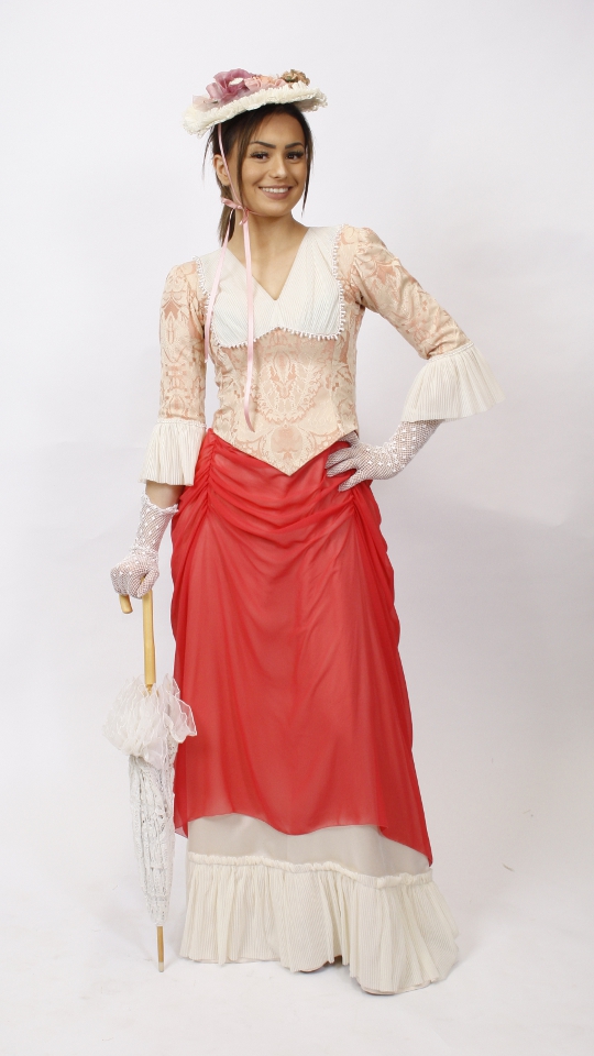 Jahrhundertwende – Biedermeier Outfit – Lachs (Kleid, Reifrock, Hütchen, Handschuhen, Pomp