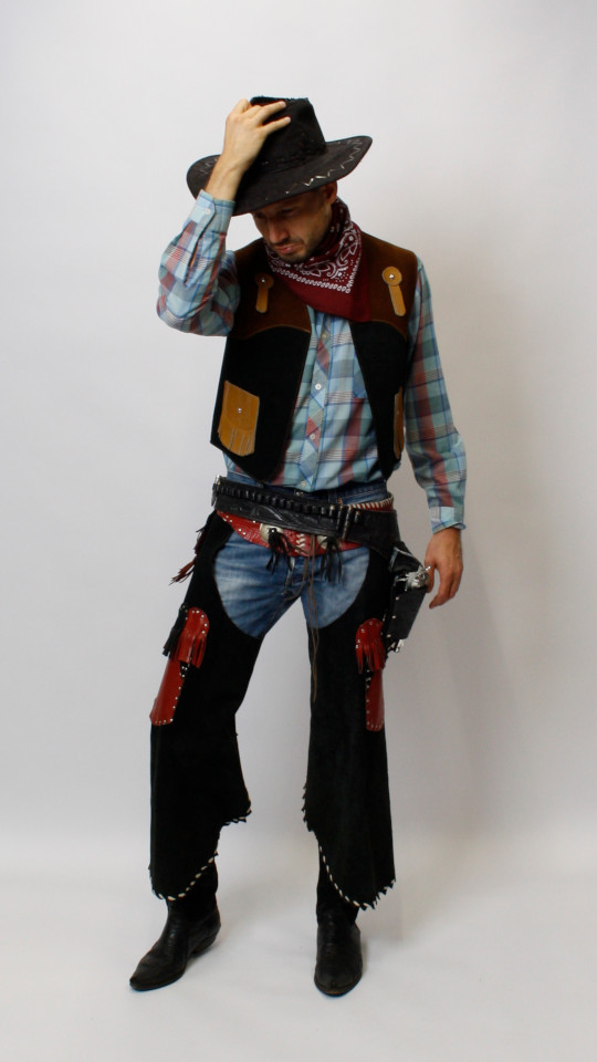 Cowboy Outfit – Blau-Kariert (Weste und Hut) mieten