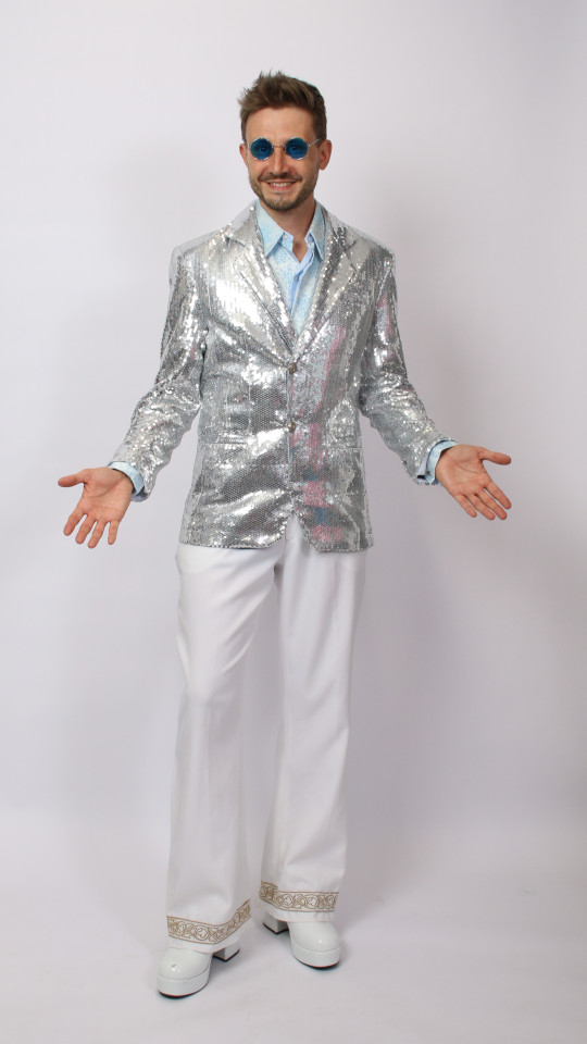 70er Jahre – ABBA Outfit – Herren – Silber (Jacke und Hemd) mieten