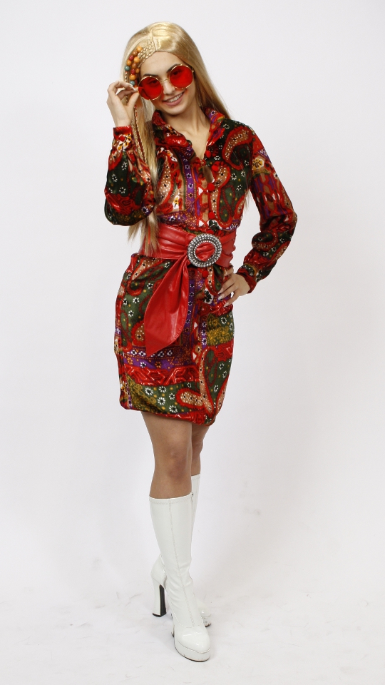 70er Jahre Outfit – Samt (Kleid, Gürtel und Stiefel) mieten