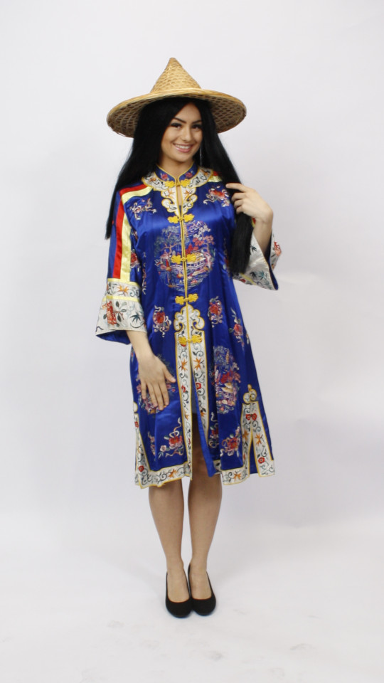 Chinesin – Tracht – Seide-Blau (Kleid, Hut und Fächer) mieten