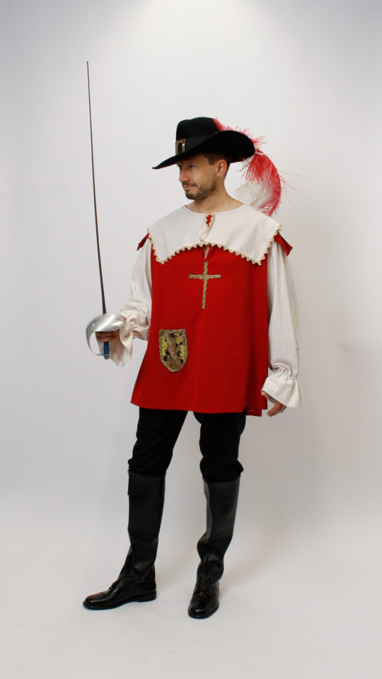 Musketier Outfit – Rot (Überwurf, Hemd und Hut) mieten