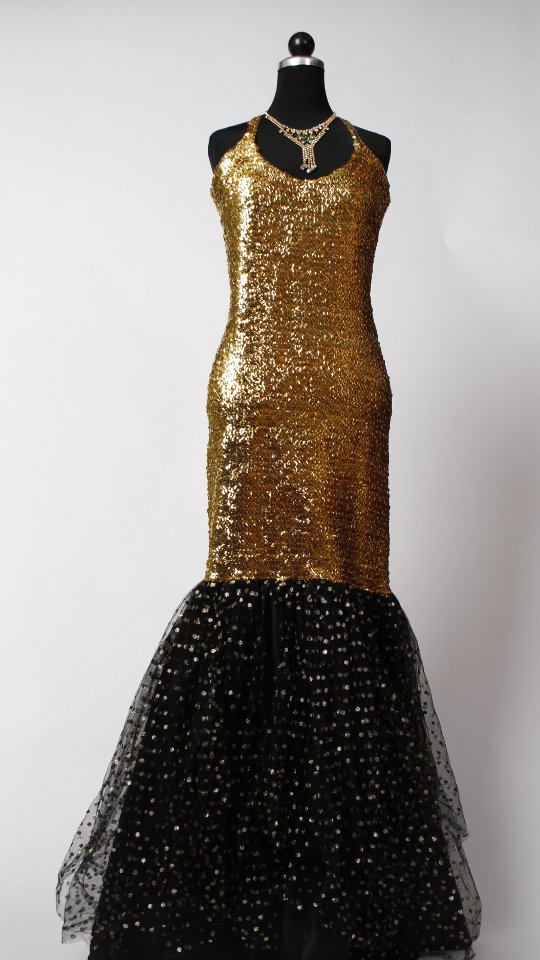 Paillettenkleid – Fantasy – Silvester Outfit – Gold-Tüll (Kleid und Kette) mieten